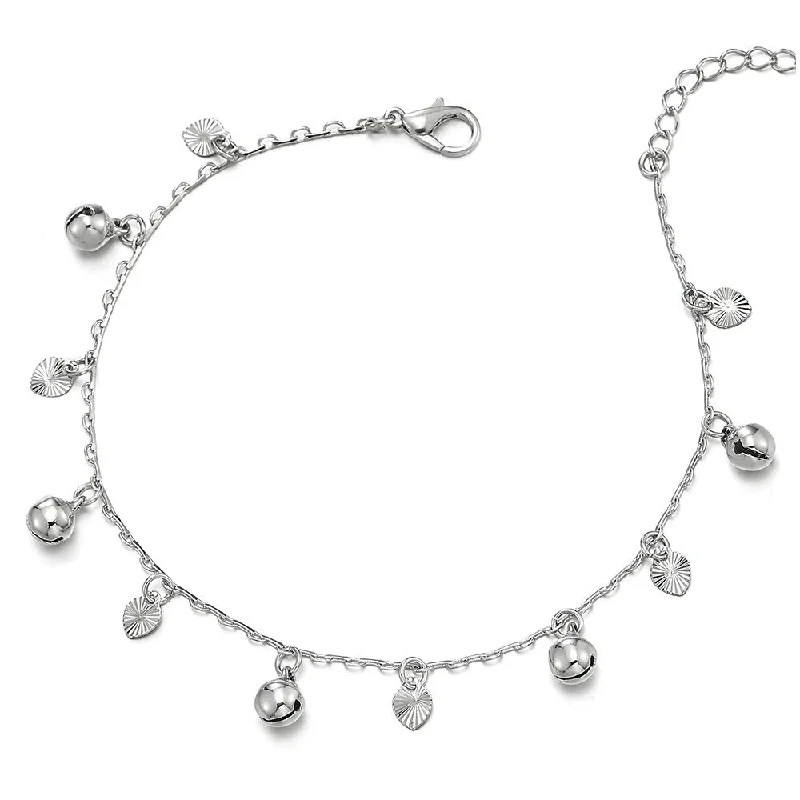 women silver cuff bracelets -Beautiful Link Chain Anklet Bracelet with Dangling Grooved Hearts and Jingle Bells, Adjustable