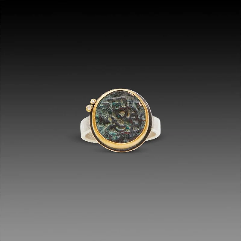 women gold engagement rings -Ancient Indian Coin Ring with Two Diamonds