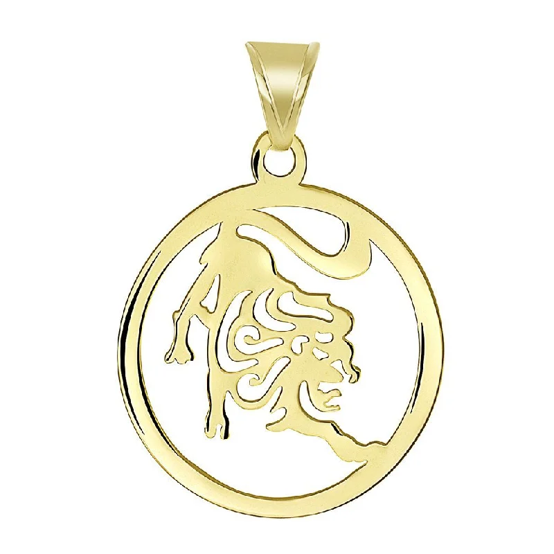 women link necklaces -14k Yellow Gold Dainty Round Leo Zodiac Symbol Cut-Out Lion Pendant