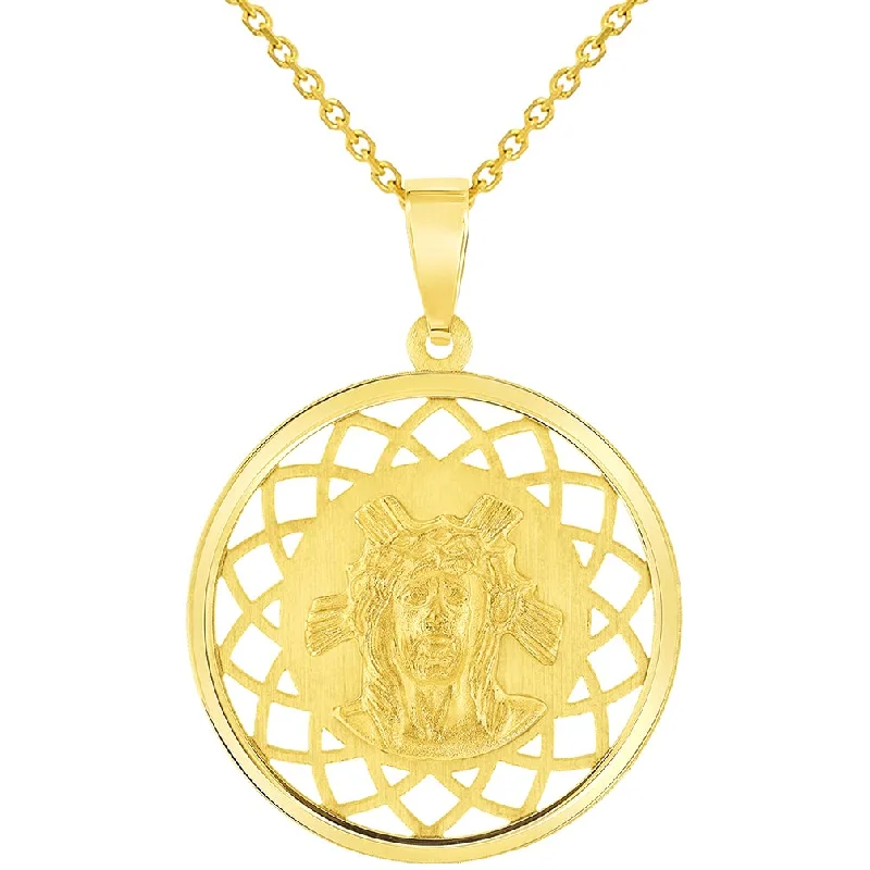 women heart-shaped necklaces -14k Yellow Gold Holy Face of Jesus Christ On Round Open Ornate Miraculous Medal Pendant Necklace