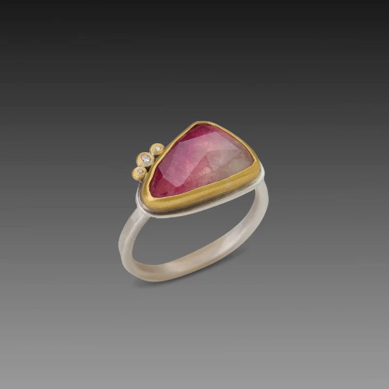 women thick band rings -Ombre Pink Tourmaline Ring with Three Diamonds