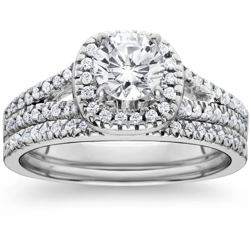 women engagement rings with matching bands -1ct Halo Diamond Engagement Ring Set Split Shank Bridal Wedding 14K White Gold