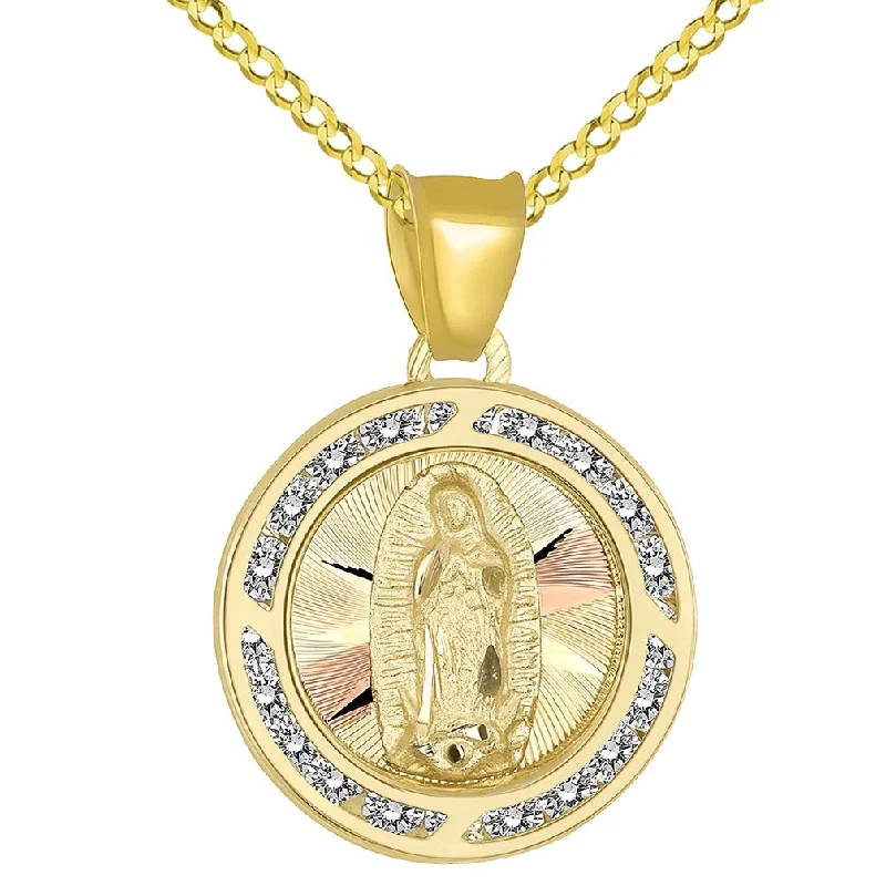 women chic necklaces -14k Yellow Gold Round CZ Religious Our Lady of Guadalupe Mary Medal Pendant Cuban Chain Necklace