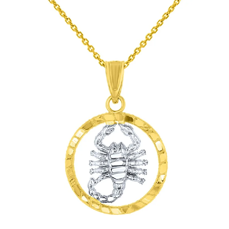 women trendy gold necklaces -Textured 14k Yellow Gold Round Scorpion Charm Scorpio Zodiac Pendant Necklace