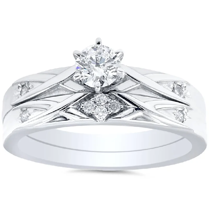 women three-stone engagement rings -1/3ct Diamond Engagement Wedding Ring Set 14K White Gold