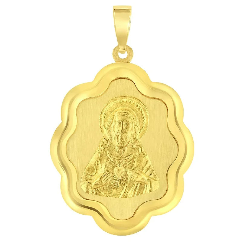 women chain necklaces -14k Yellow Gold Sacred Heart of Jesus Christ On Elegant Miraculous Medal Pendant (1")