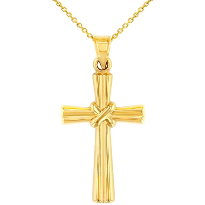 women crystal necklaces -14K Yellow Gold Polished Ribbed Cross with Knot Pendant Necklace