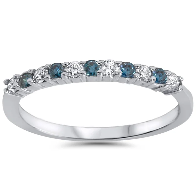 women platinum solitaire engagement rings -1/4ct Blue & White Diamond Anniversary Ring 14K White Gold