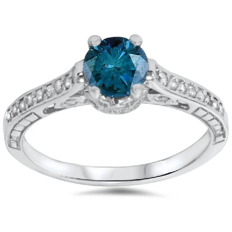 women engagement rings with side stones -1 1/4ct Vintage Treatd Blue Diamond Engagement Ring White Gold Round Solitaire