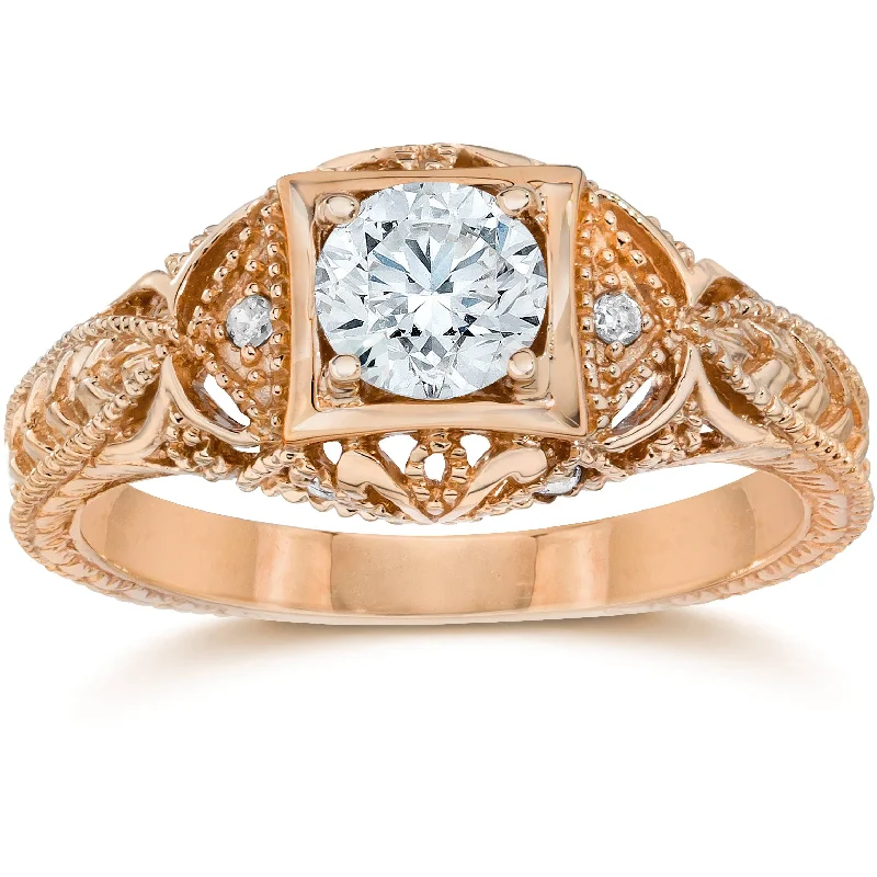 women square cut engagement rings -Emery 5/8 Ct Vintage Diamond Antique Engagement 14K Rose Gold