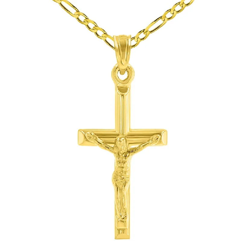 women charm necklaces -14k Yellow Gold Simple and Classic Cross Crucifix Pendant Figaro Necklace