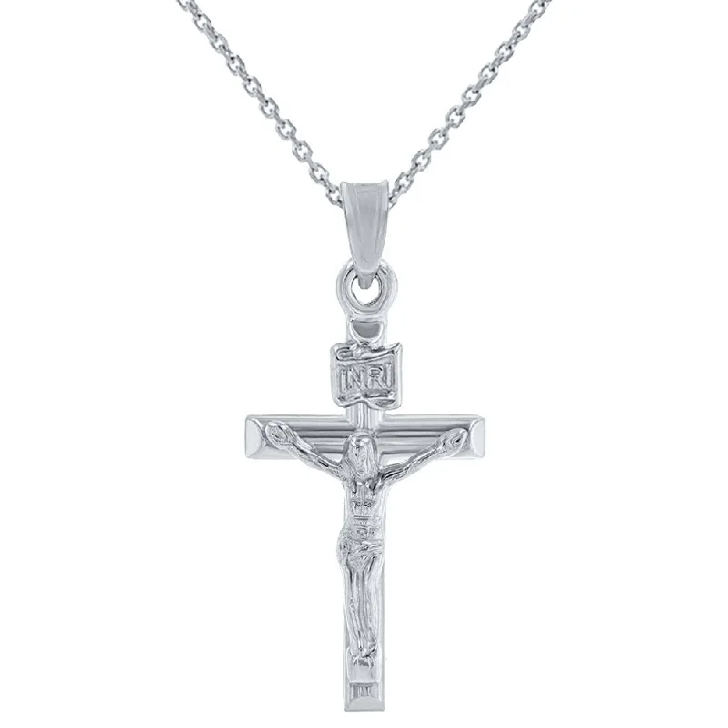 women wedding necklaces -14K White Gold Polished INRI Crucifix Tubular Cross Pendant Necklace