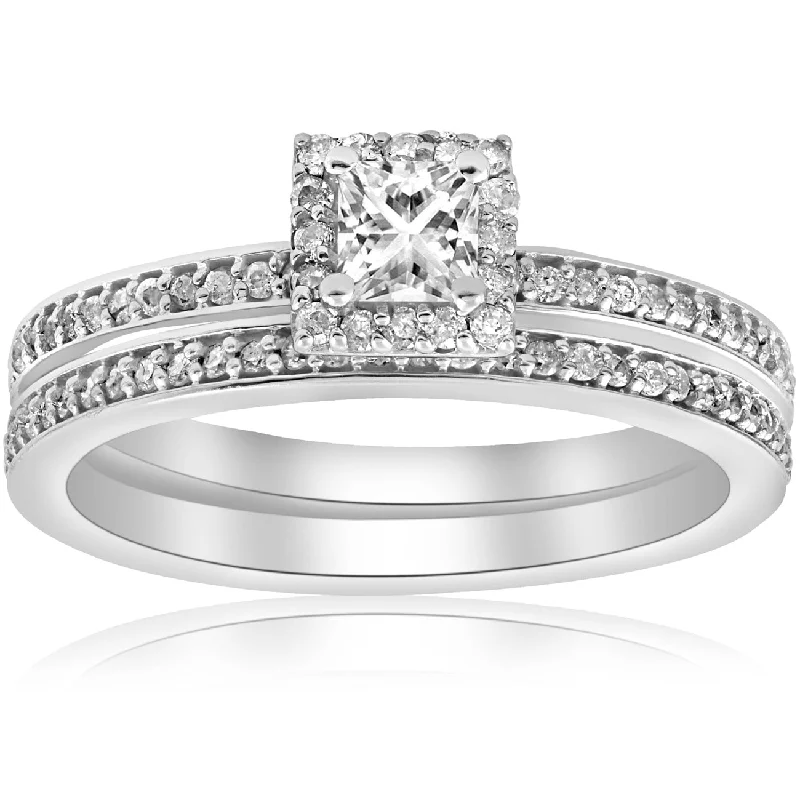 women art deco engagement rings -5/8Ct Princess Cut Diamond Engagement Matching Wedding Halo Ring Set White Gold