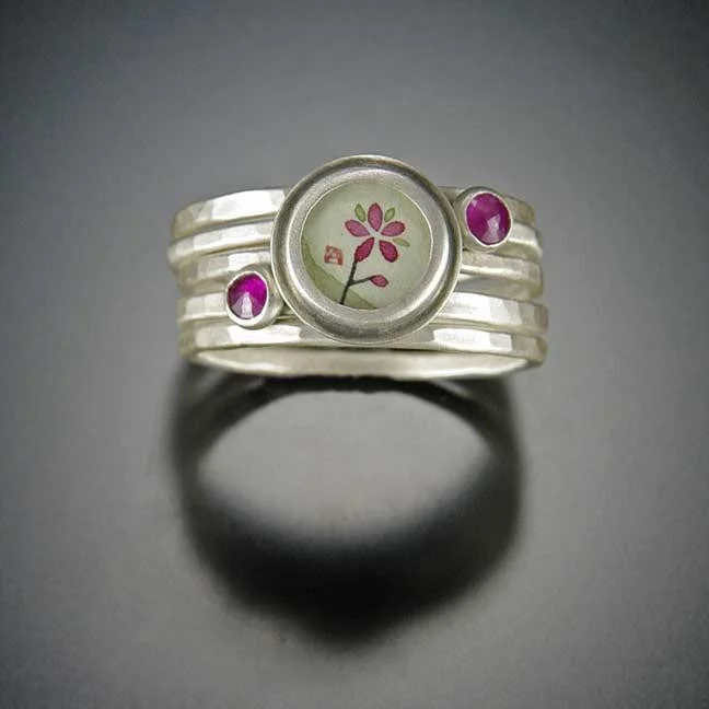 women bold statement rings -Plum Blossom and Ruby Stacking Ring Set