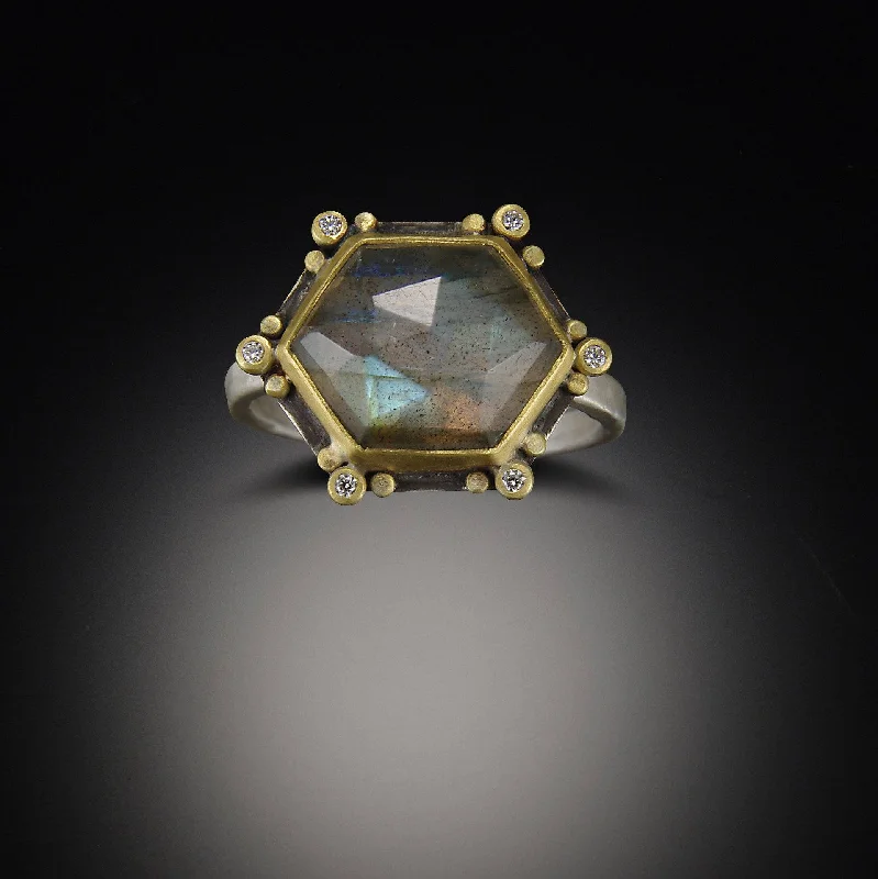 women double band rings -Geometric Labradorite Ring with Diamonds