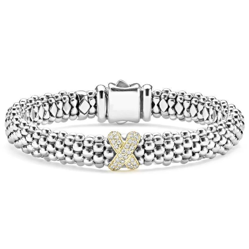 women gold link bracelets -Embrace Two-Tone X Caviar Diamond Bracelet | 9mm