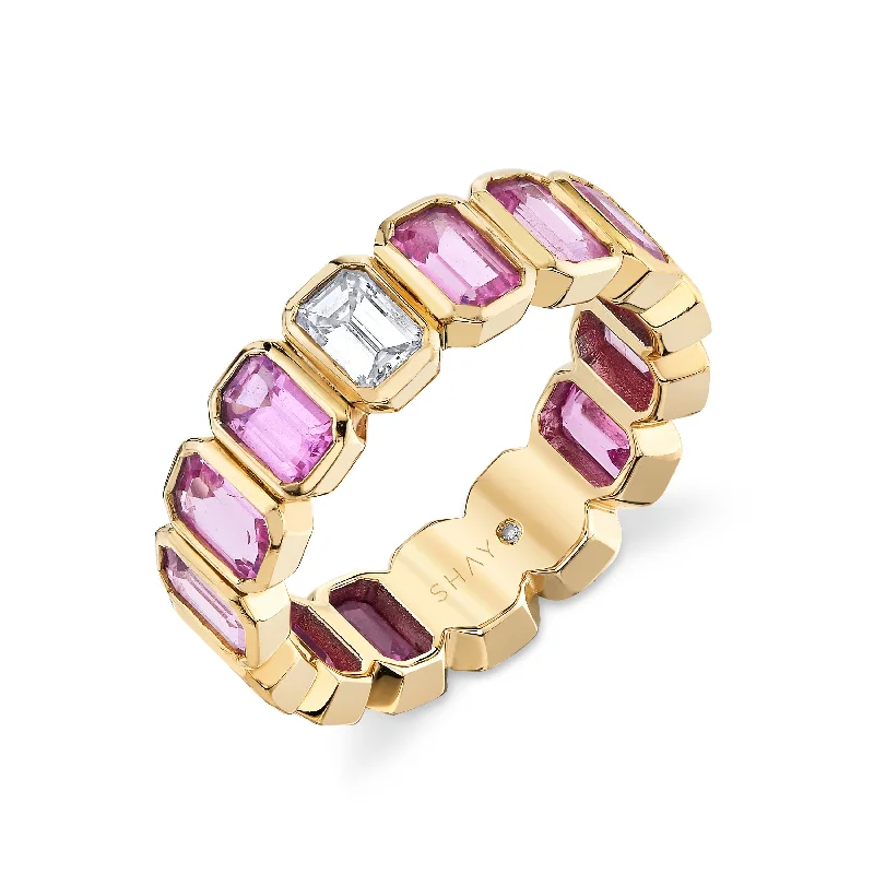 women large rings -PINK SAPPHIRE & DIAMOND BEZEL ETERNITY BAND