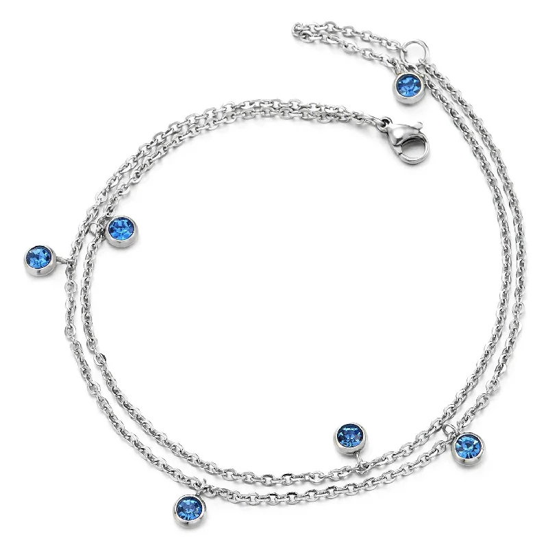 women custom charm bracelets -Two-Row Stainless Steel Anklet Bracelet with Dangling Circle Charms of Solitaire Blue Cubic Zirconia