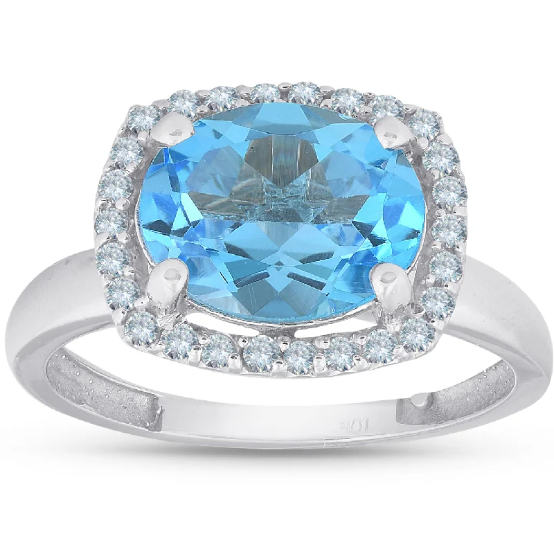 women vintage diamond engagement rings -2ct Oval Blue Topaz and Diamond Halo Ring 10K White Gold