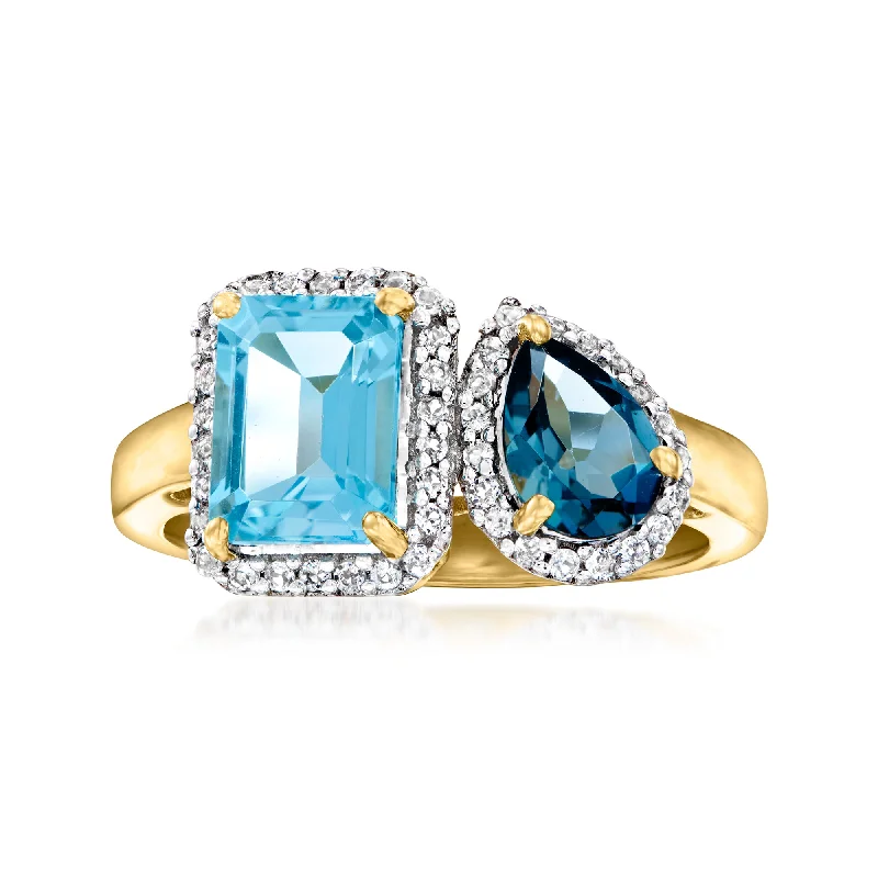 women diamond engagement rings -Ross-Simons Swiss Blue Topaz and . London Blue Topaz Toi Et Moi Ring With . White Topaz in 18kt Gold Over Sterling