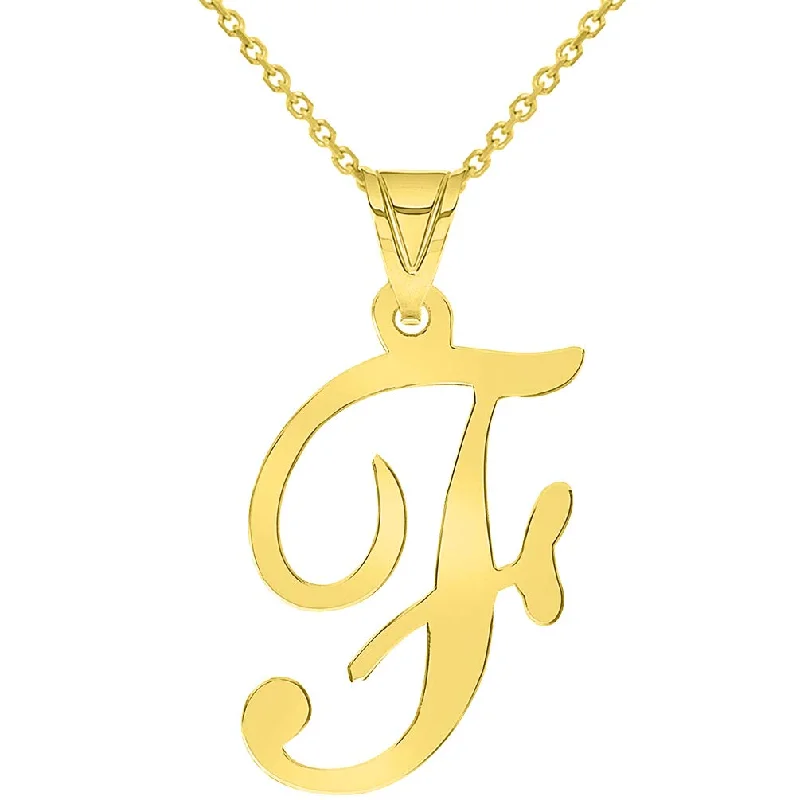 women engagement necklaces -14k Yellow Gold Dainty Uppercase Script Initial F Cursive Letter Pendant Necklace