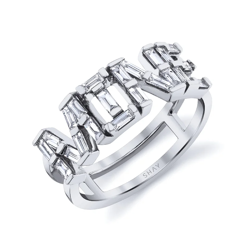 women wide band rings -DIAMOND BAGUETTE PERSONALIZED 4 LETTER STACKED RING