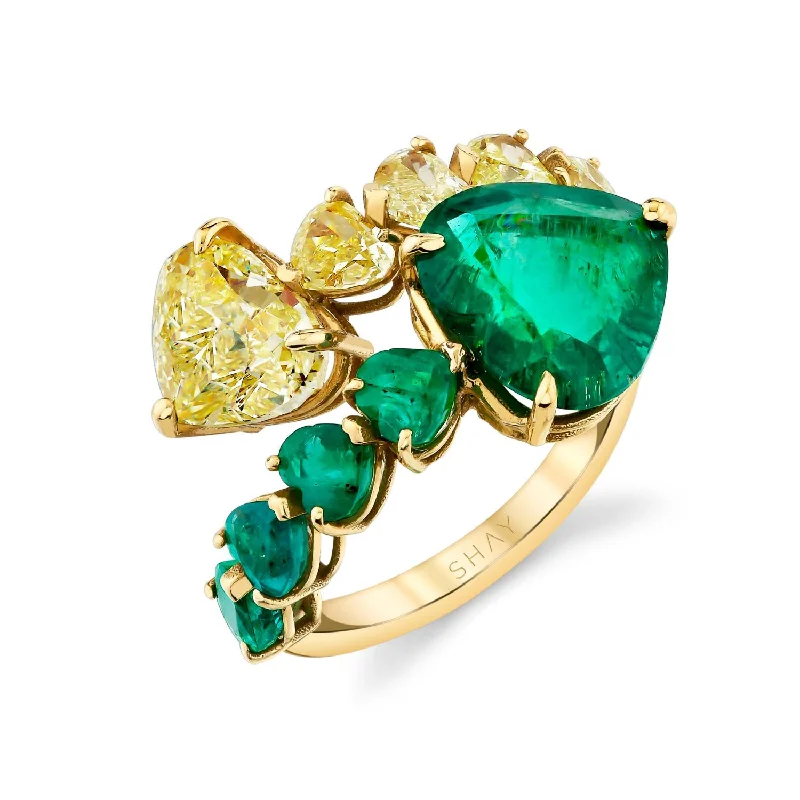 women yellow gold rings -YELLOW DIAMOND & EMERALD HEART BYPASS RING