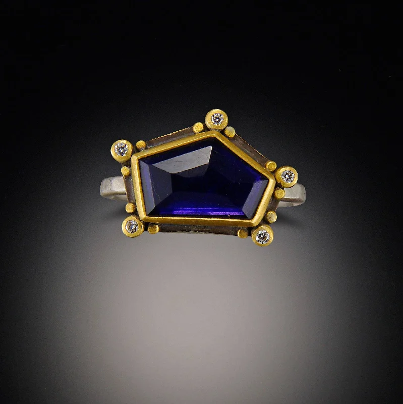 women delicate rings -Geometric Iolite Ring with Diamonds