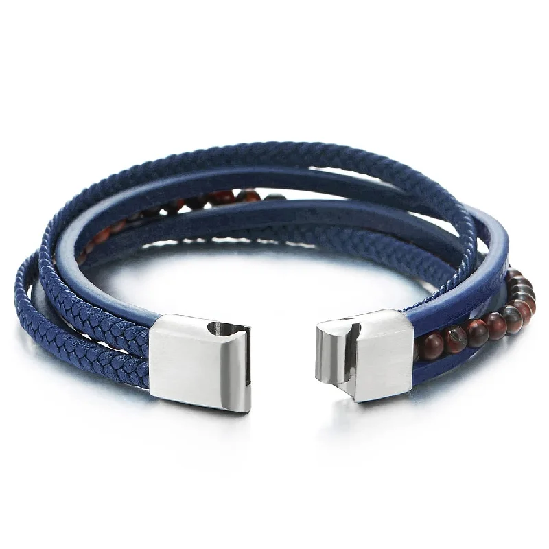 women adjustable bangles -Multi-Strand Brown Gem Stone Bead Chain Blue Braided Leather Bracelet Wristband Steel Magnetic Clasp