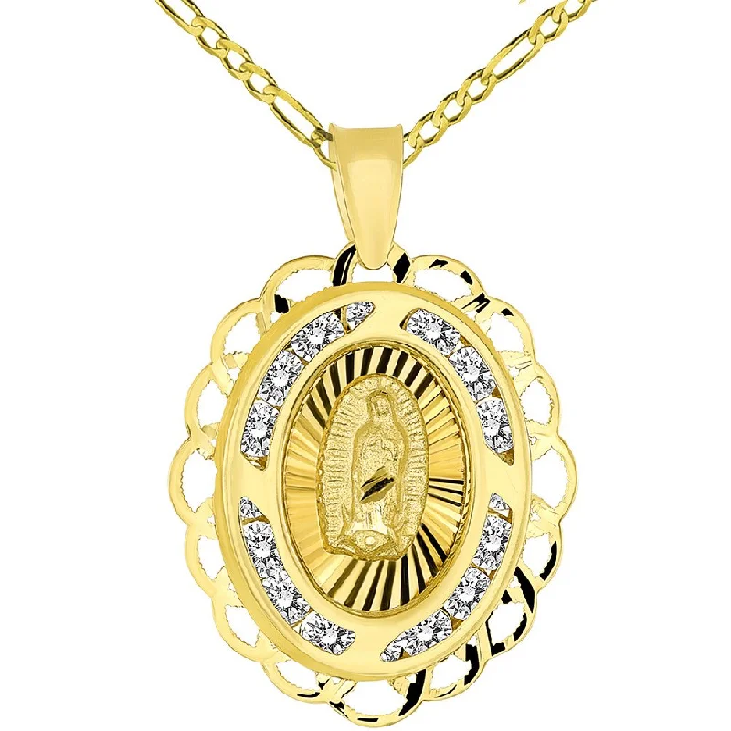 women crystal pendant necklaces -14k Yellow Gold Fancy Our Lady of Guadalupe Mary CZ Studded Oval Medallion Charm Pendant Figaro Necklace