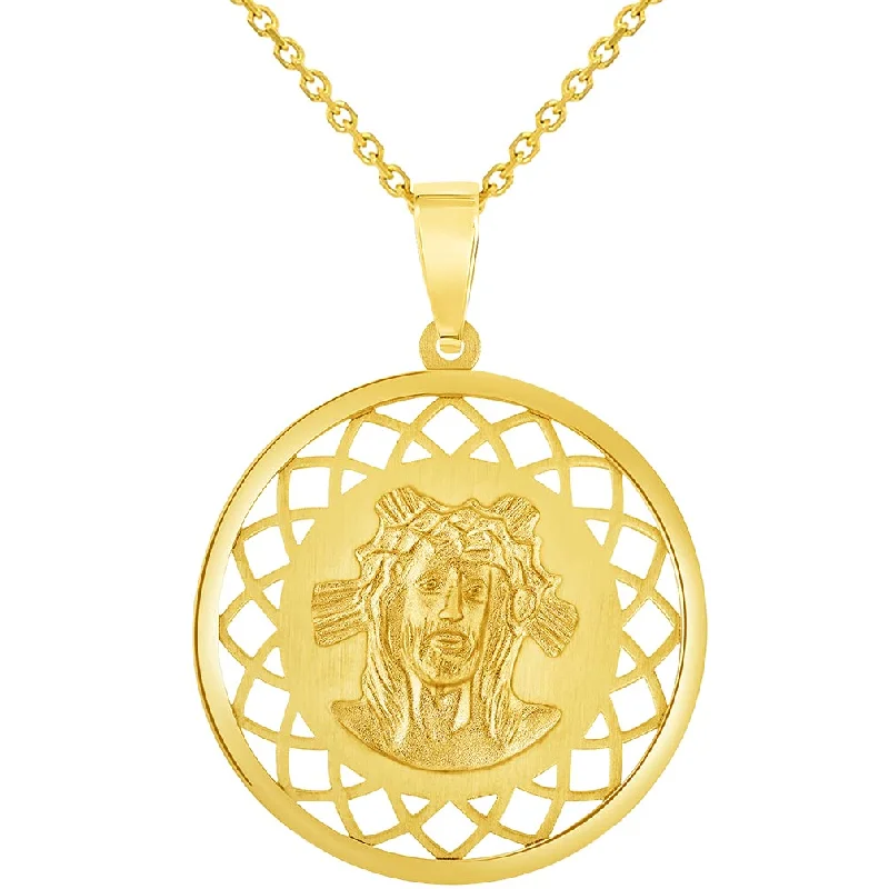 women birthstone necklaces -14k Yellow Gold Jesus Christ On Round Open Ornate Miraculous Medal Pendant Necklace